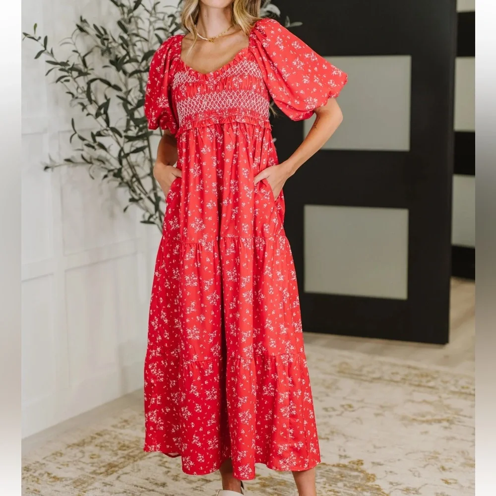 NWT Baevely Floral Smocked Midi/Maxi Puff Dress - Picture 1 of 15